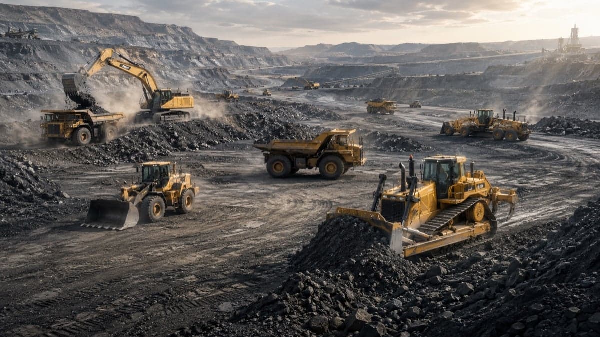 Yellow plant, coal haul trucks and active pit operations at a mining site