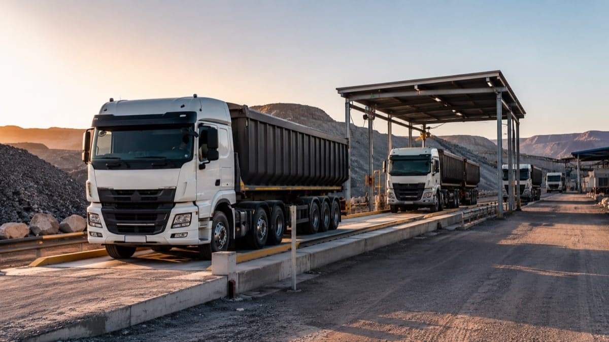 Side tippers at a verified weighbridge — golden hour transport corridor