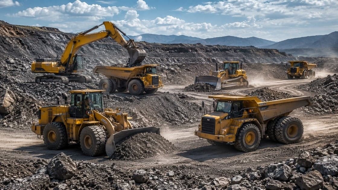Yellow plant working a pit — excavator, dump truck and dozer in active operation